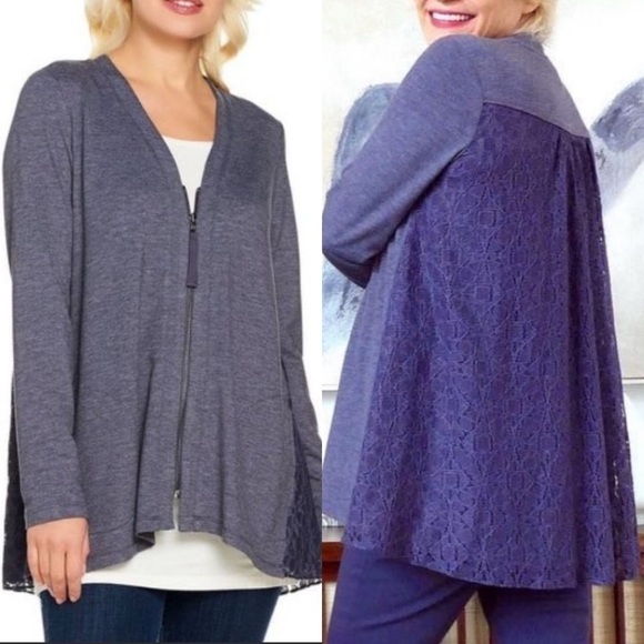 Lori Goldstein LOGO Lounge Front Zip Back Lace Tunic Hi Low Cardigan M - Picture 1 of 9